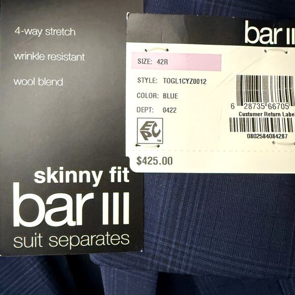 Bar III Suit Jacket Skinny Fit Wrinkle-Resistant Wool-Blend 42R Plaid Acess $475 - Picture 4 of 10